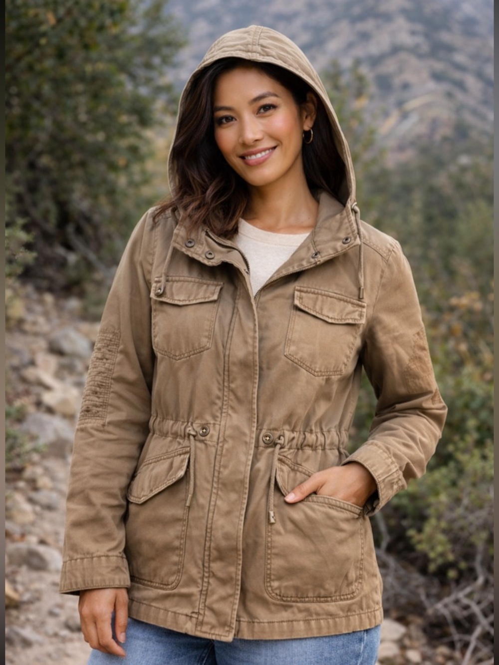 A New Day Tan Hooded Utility Jacket Women’s Size M Military Field Cargo Casual
